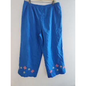 NWT Kim Rogers Blue Linen w/Floral Embroidery Pull On Ankle Pants size Large